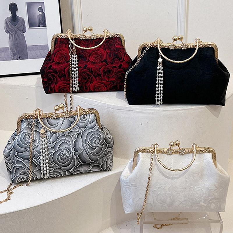 Дизайнерские женские сумки и кошельки с красной розой на цепочке, свадебные сумки-клатчи с цветами, бисером, кисточками, металлическими зажимами для переноски через плечо