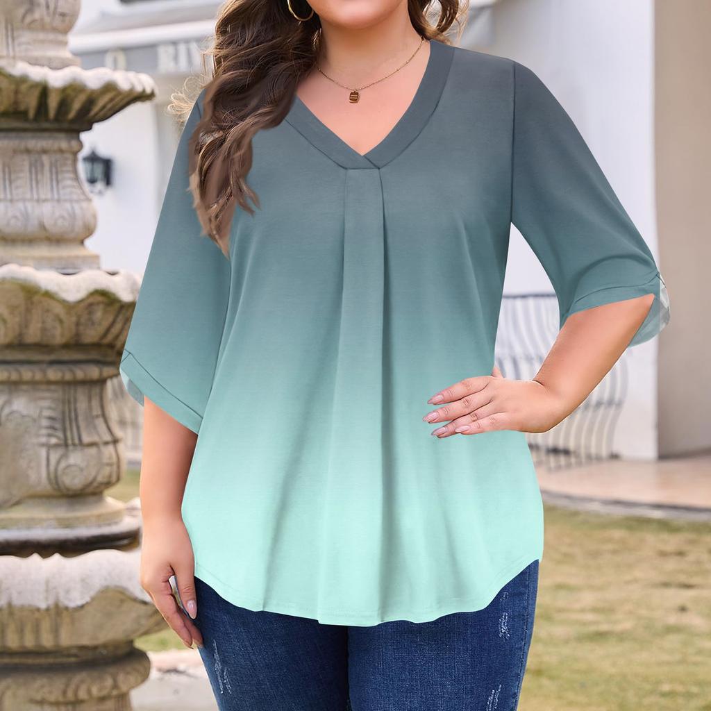 Women's Fashion Large Size Printed V-Neck Three-quarter Sleeve Top