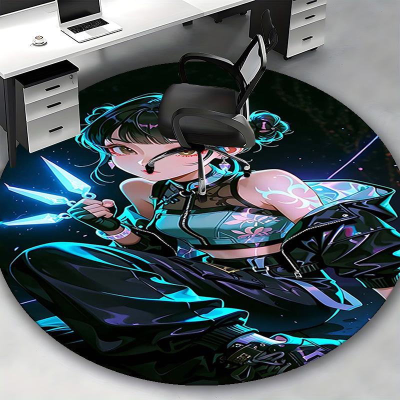 1pc Anime Tattoo Design Round Carpet Office Chair Mat, NonSlip Rug for Home Decor, Living Room