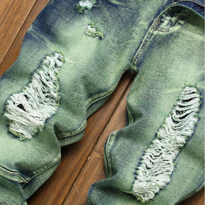Four Seasons Ripped Slim Jeans Молодежные уличные мужские джинсы Повседневные джинсовые брюки Персонализированные прямые мужские брюки Ocean Green Модная мужская одежда