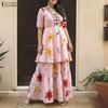 ZANZEA Women Short Sleeve Blouse and Long Skirts Floral Print Two Piece Suit Sets