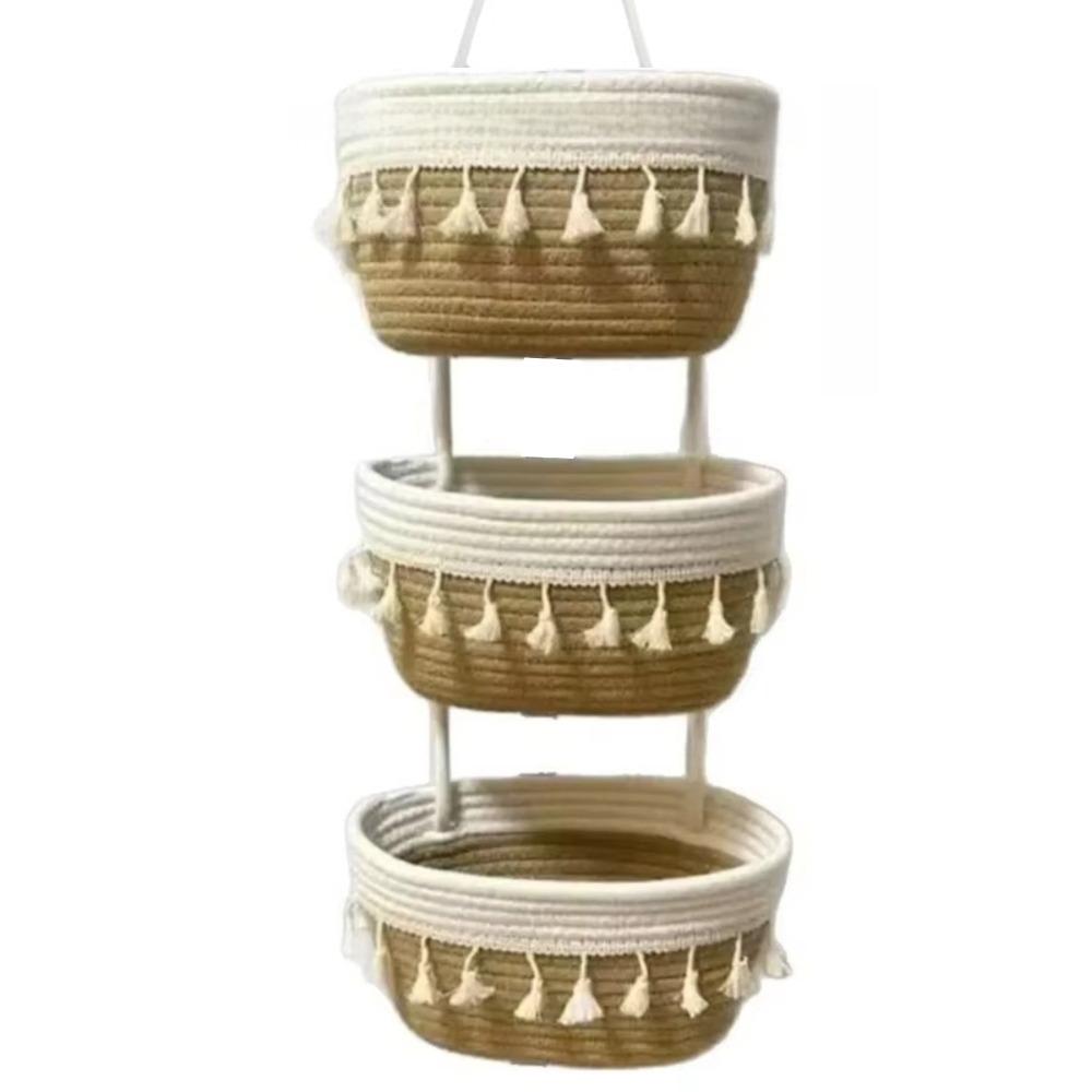 Handwoven Woven Hanging Organizer 3-Tier Wall Mount Storage Bag Cute Wall Hanging Pouch Entryway