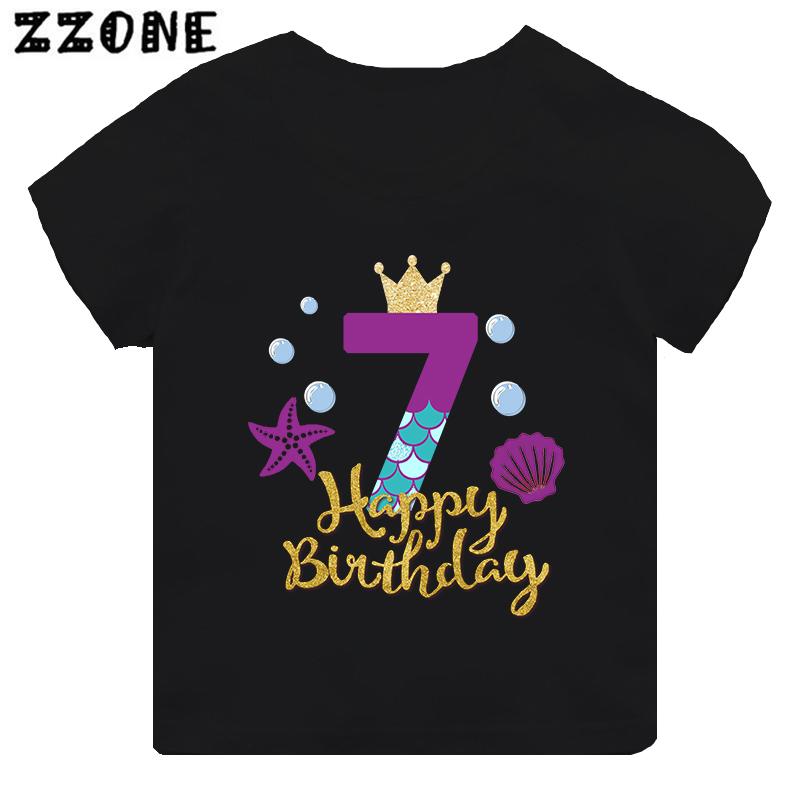 Cute Mermaid Princess Print Girls Clothes 1 2 3 4 5 6 7 8 9 Years Happy Birthday Kids Short Sleeve T shirt Baby Boys T-Shirts