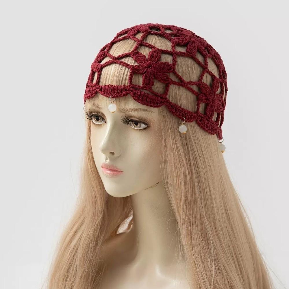 Handmade Crochet Flower Knitted Hat Bohemian Style Woven Cap Cute Hollowed Out Beanie Cap Women