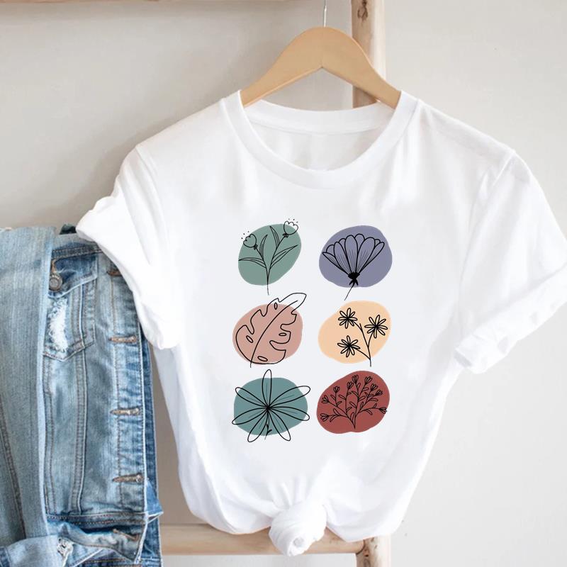 (Asian Size) Women Print Lady Plant Watercolor Cute Trend 90s Short Sleeve Tee Top Clothing Casual Fashion Tshirt Female Graphic T-shirt