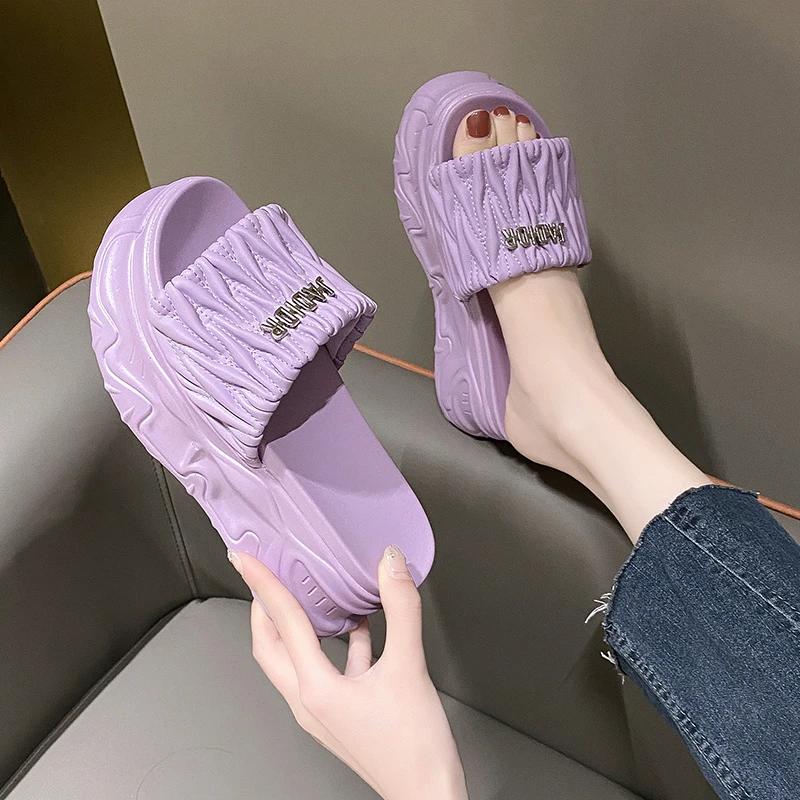 Модные 7 см шлепанцы женские тапочки на очень высоком каблуке туфли на платформе танкетки пляжная обувь плиссированные сандалии летние новые массивные туфли женские