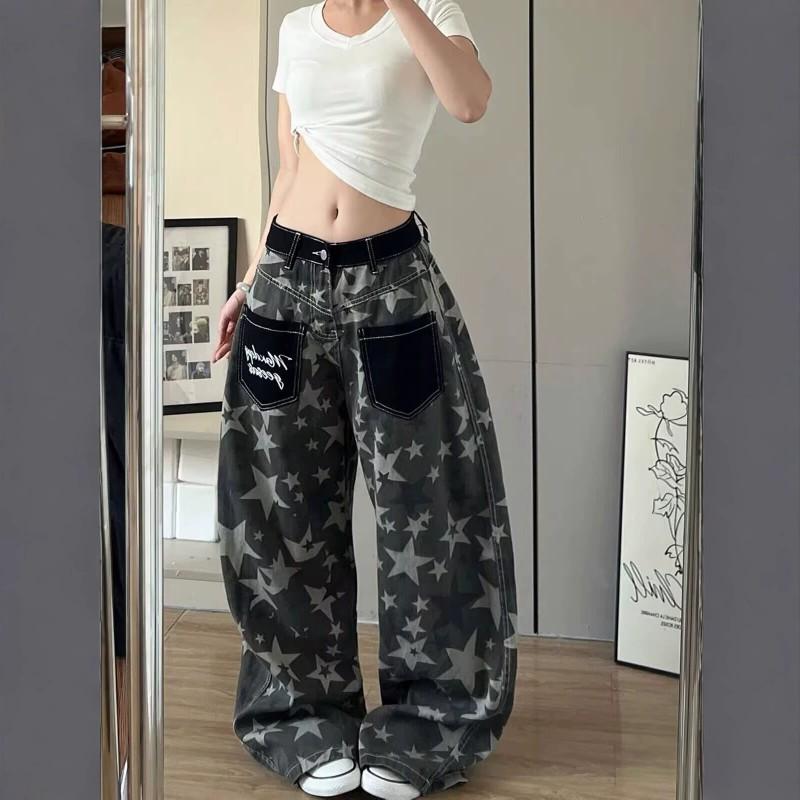 Womens Retro Hong Kong Style Denim Pants With Star Print Loose High-Waist Wide Leg Trousers