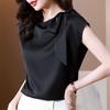 Черная шифоновая летняя блузка женская без рукавов с бантом приталенного силуэта, повседневный элегантный стильный топ