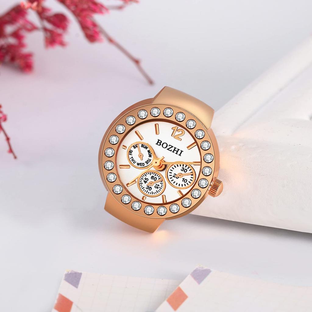 JEWELRYWE Ring Ring Watch Installation Ring Watch Time Check Decoration Clock Fashion Large Number Dial Ring Watch Couple Rose Gold Women's