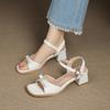 Fashion Pearl Sandals Block Heels Comfort Shoes for Women Large Size Buckle Strap Open Toe Med 2025 Summer Suit Female Beige Chunky Girl