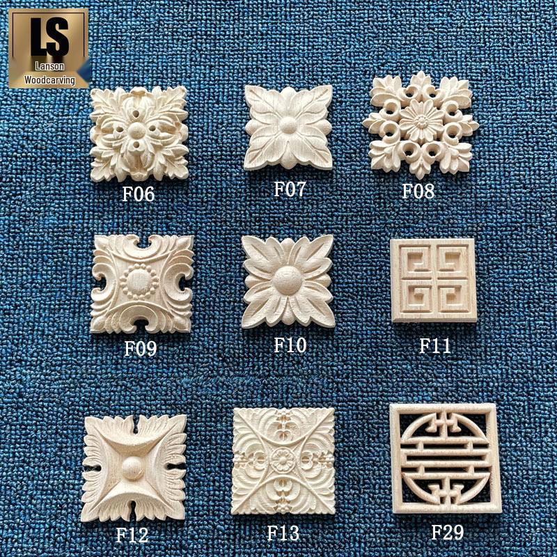 European Style Rubberwood Relief Carved Square Applique: Solid Wood Flower Design for Door, Table, and Cabinet Decor.