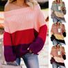 Womens Long Sleeve Patchwork Loose Cold Shoulder Knitting Pullover Sweater