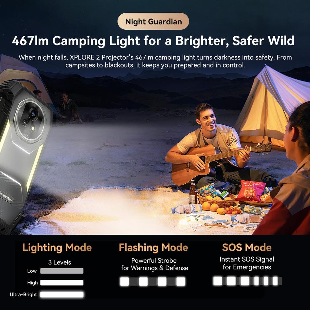 Blackview Проектор XPLORE 2 5G Защищенный уличный проектор с 100-дюймовым экраном 4 нм MediaTek Dimensity 8300 Аккумулятор 20 000 мАч и 467 лм Лампа для кемпинга