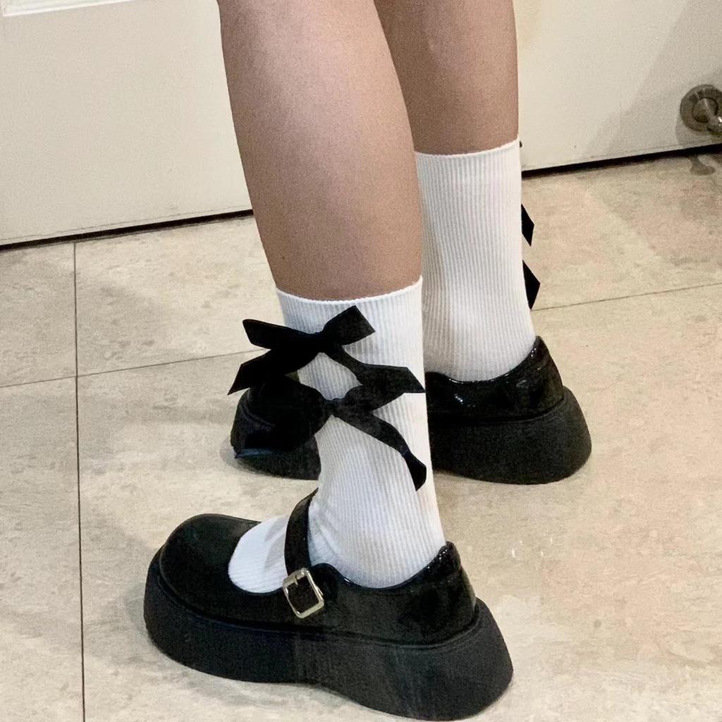 Lolita Black Bow Socks for Women: Korean Style Spring/Summer Sweet Mid-Calf Socks, Perfect with Small Leather Shoes and Princess Outfits.