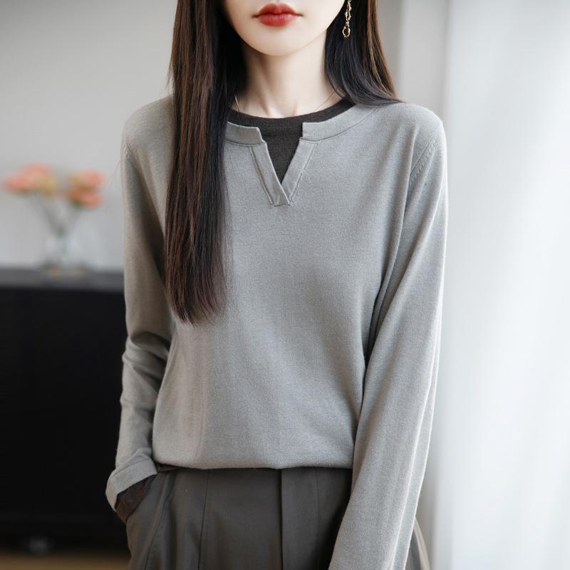 Женский осенне-зимний трикотажный пуловер с длинным рукавом, универсальный топ, имитация костюма-двойки с круглым вырезом