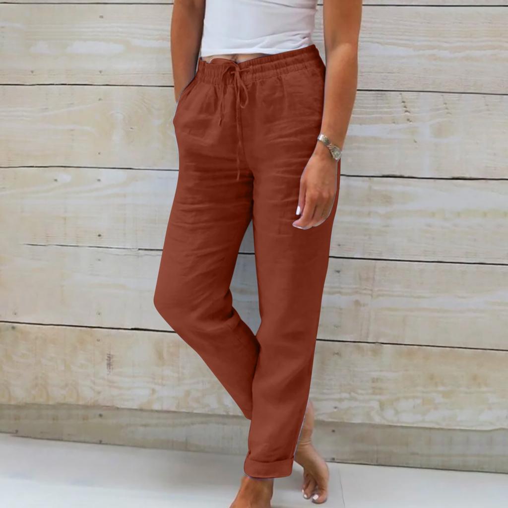 2024 Новые женские летние эластичные поясные карманы с карманами, однотонные хлопковые и льняные широкие брюки, свободные брюки с девятью очками