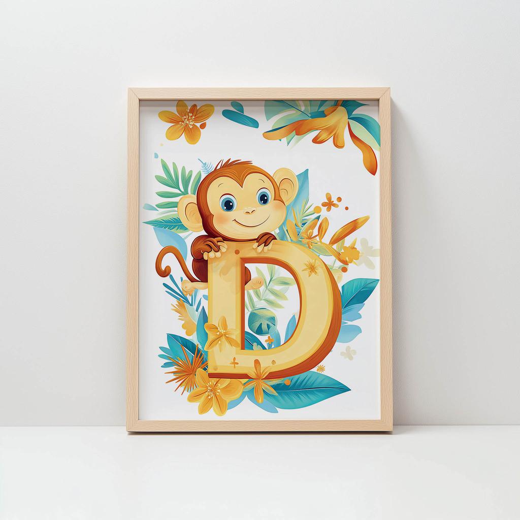 Plakat Uśmiechnięta Małpka Z Literką "D Plakat Uśmiechnięta Małpka Z Literką "D, 30X40 Cm, Rama Drewniana Ciemny Brąz, Papier Matowy 230 Gsm