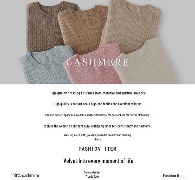 Women's 100% Cashmere Cable Knit Sweater: Winter 2026 Loose Pullover with Round Neck and Long Sleeves