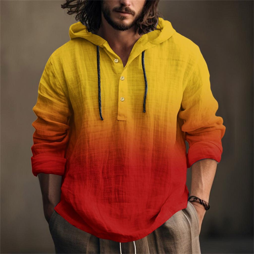 Printed Men's Cotton And Linen Shirt Hooded Long-sleeved Hooded Spring And Summer Casual Daily Wear