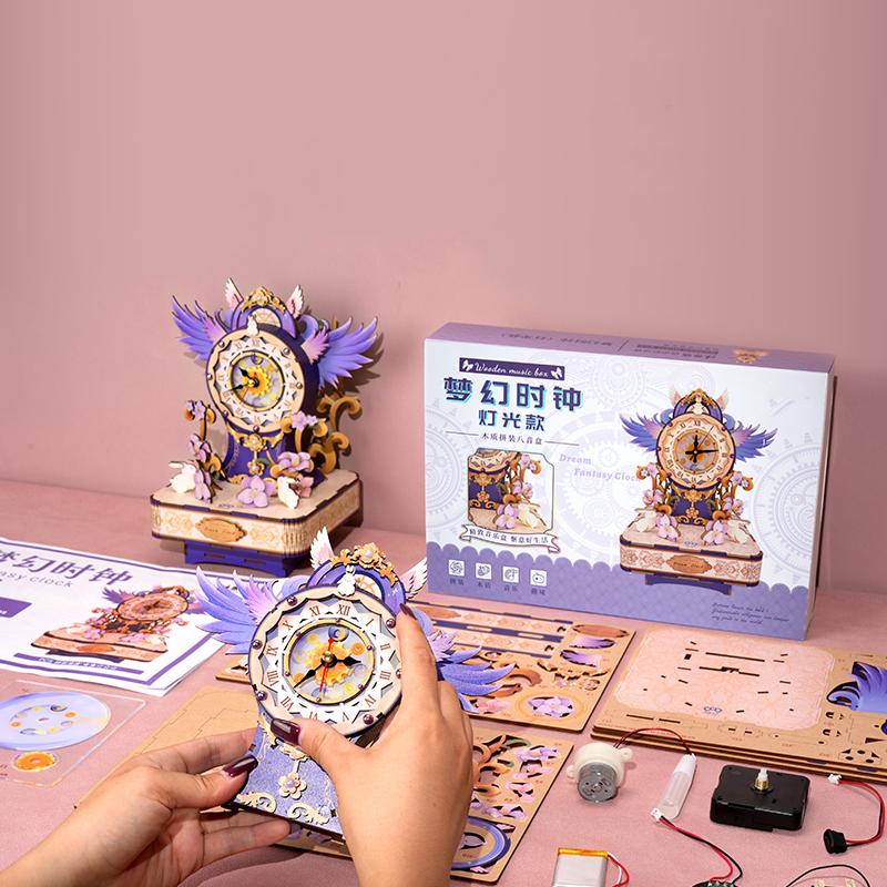 DIY Dream Fantasy Clock Music Box Wooden Model Building Kits Assembled 3D Jigsaw Puzzles Can Move for Friends Gifts Home Decor