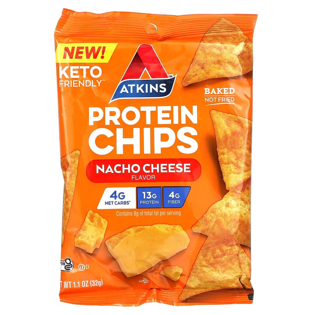 Atkins Protein Chips, Nacho Cheese, 8 Packets, 1.1 Oz (32 G) Each
