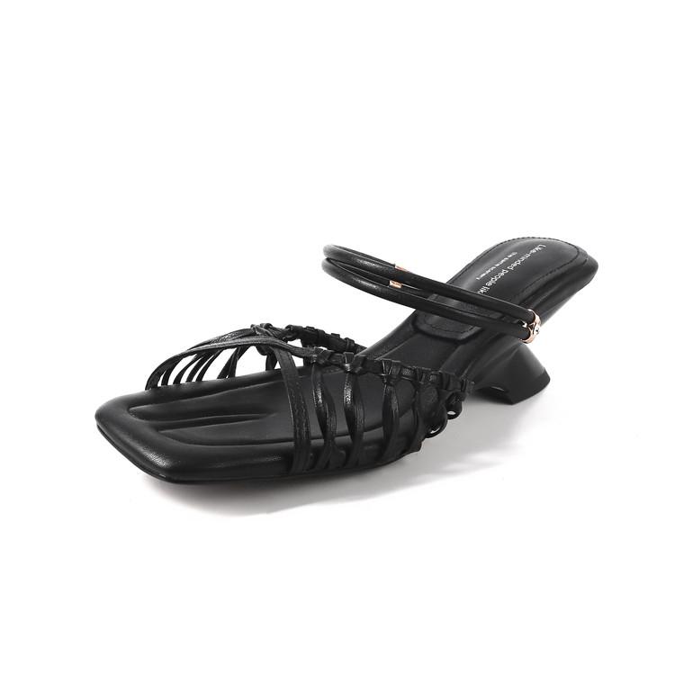 Fashion NEW Summer Women Sandals Split Leather Shoes for Women Open Toe Ankle Strap Shoes Square Toe Strange Heel Narrow Band Sandals
