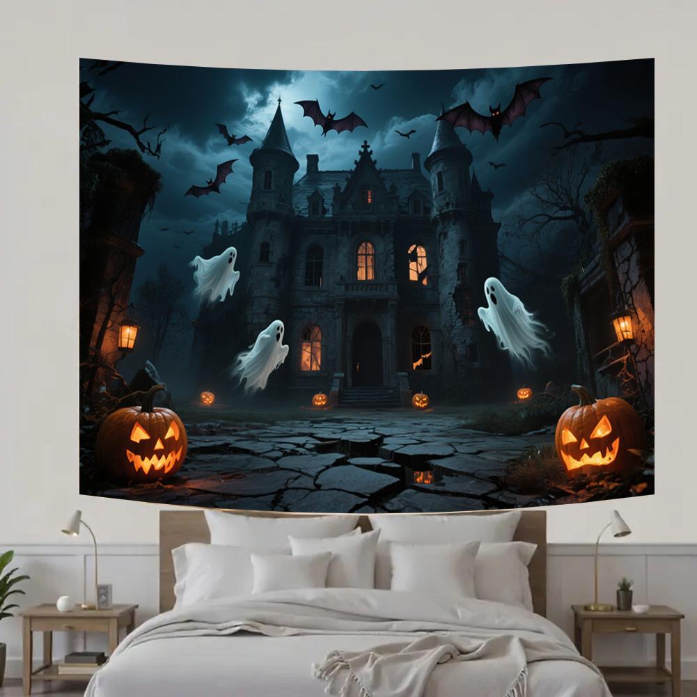 Фон для Хэллоуинской вечеринки с элементами тыквы, замка, летучей мыши, привидения для фотобудки, мероприятия, праздника, настенного декора