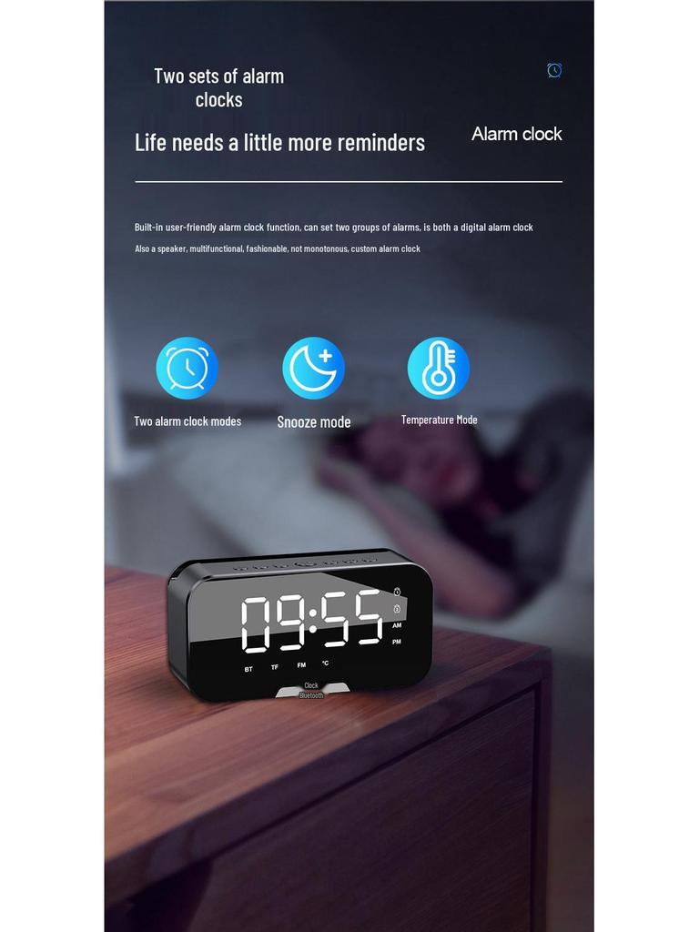 S7 Мини Bluetooth-динамик с зеркальными часами, будильником, FM-радио, слотом для карты, длительным временем работы от батареи, высокой громкостью и функцией голосового вызова