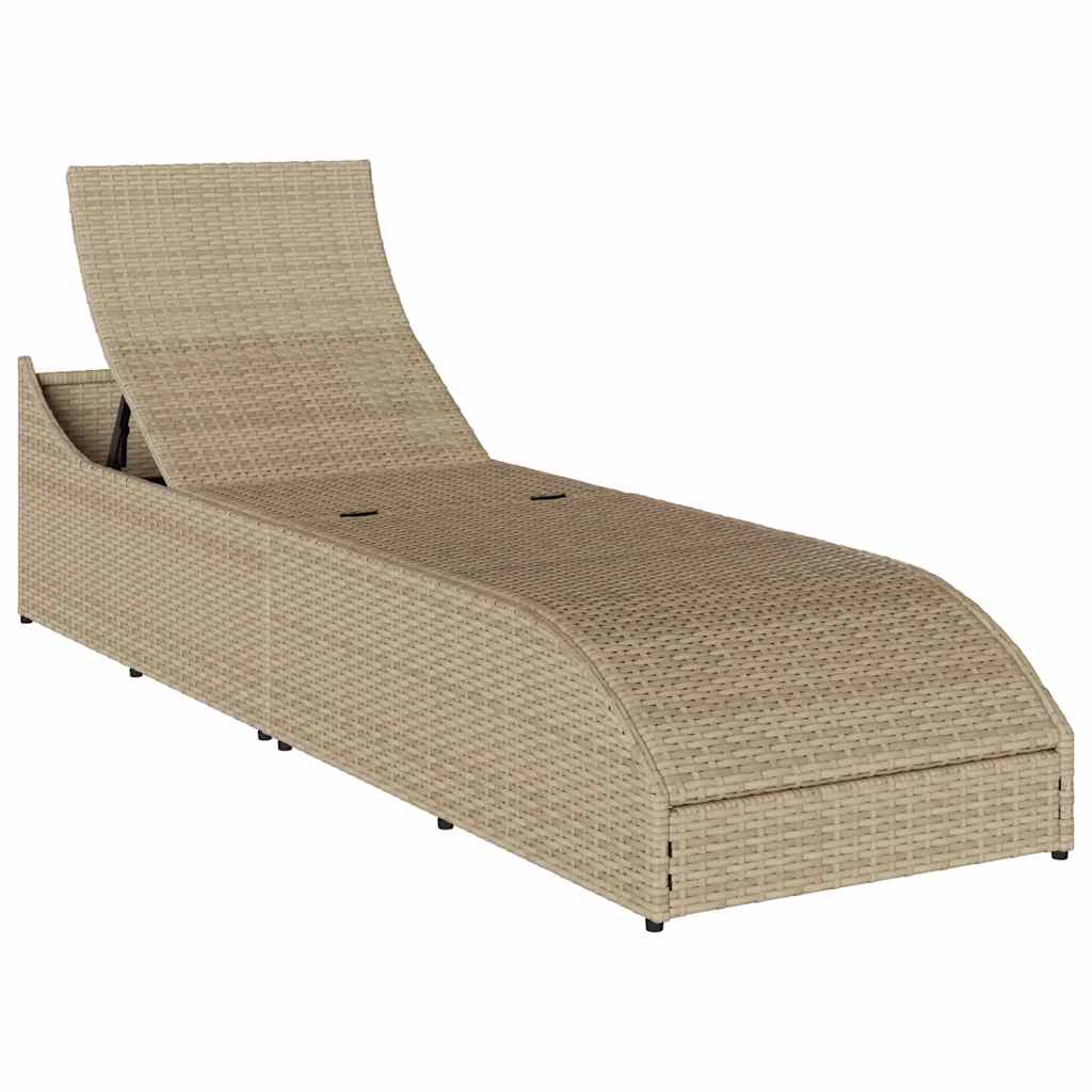 Folding Sun Lounger with Cushion and Storage Space Beige Poly Rattan