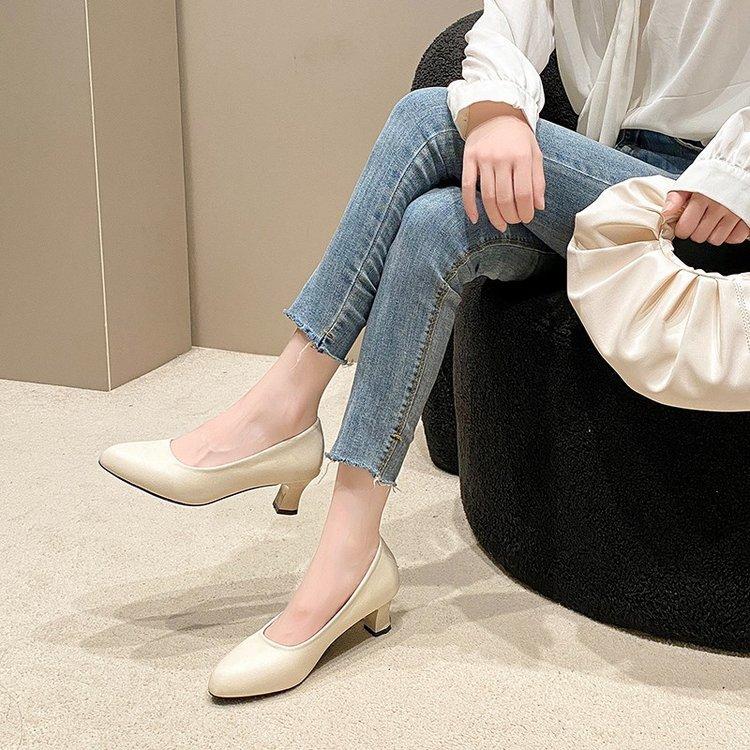 High Heels Women's Single Shoes 2025 Autumn New Work Shoes Medium Heel Basic Large Size 41-43 Thick Heel Pointed Head