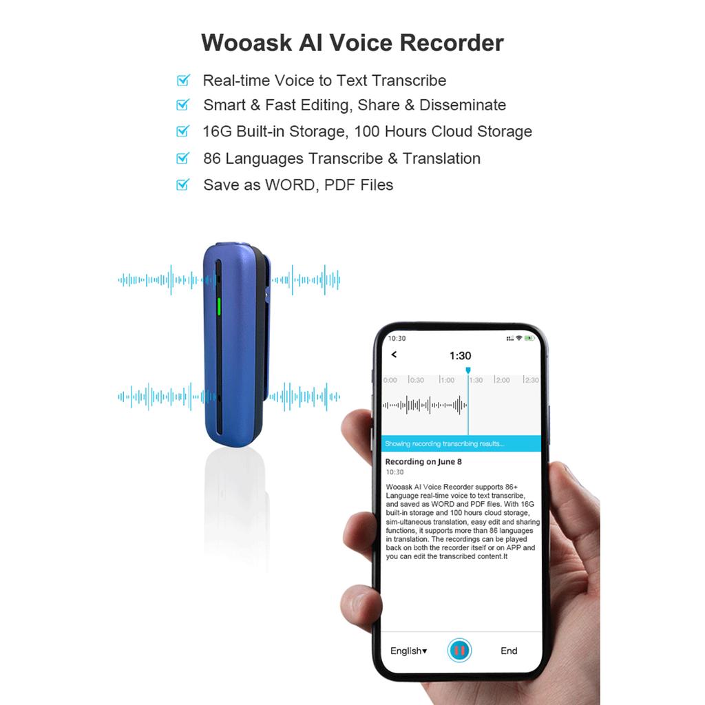 Мини-диктофон, цифровой аудиорекордер, 16 ГБ, с AI-транскрипцией и переводом в приложении в 38