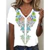 Retro Ethnic Style 3D Digital Printed Women's Casual and Comfortable V-neck Short Sleeved T-shirt