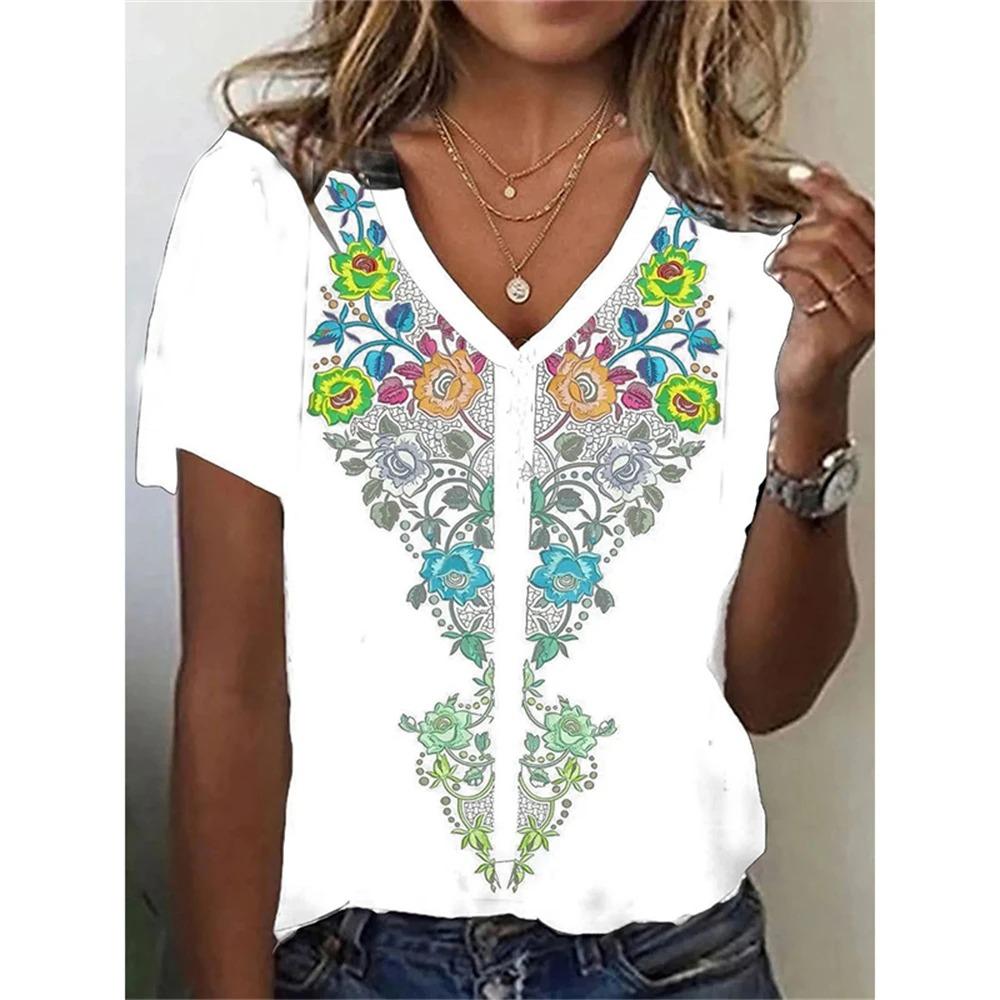 Retro Ethnic Style 3D Digital Printed Women's Casual and Comfortable V-neck Short Sleeved T-shirt