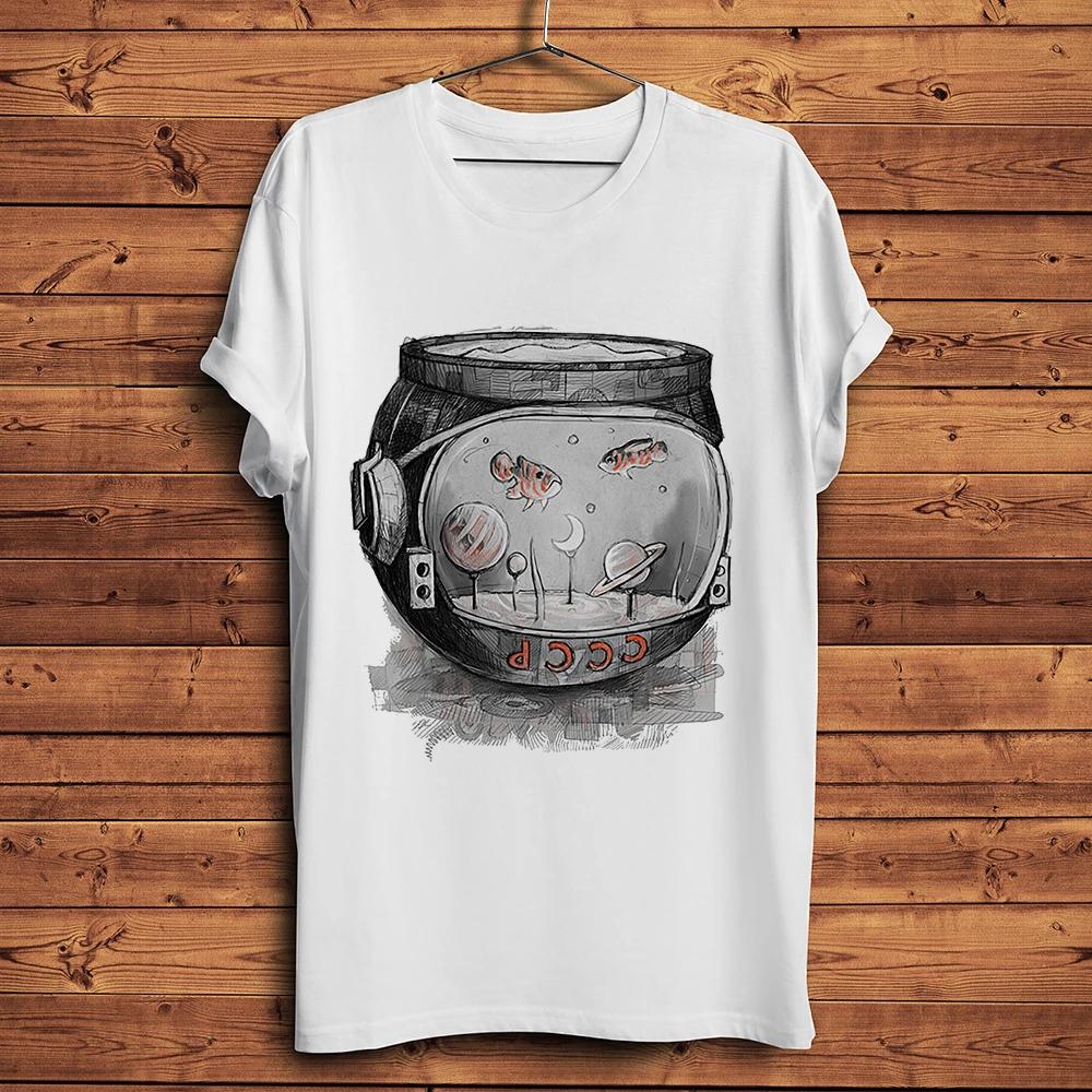 CCCP Astronaut Helmet and Astronotus Funny Tshirt,White Casual T-Shirt,Cool Vintage Tee Unisex