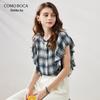 Komong Boca Весна/Лето Клетчатый Топ с Воланами из Шёлкового Креп-Шифона с Коротким Рукавом