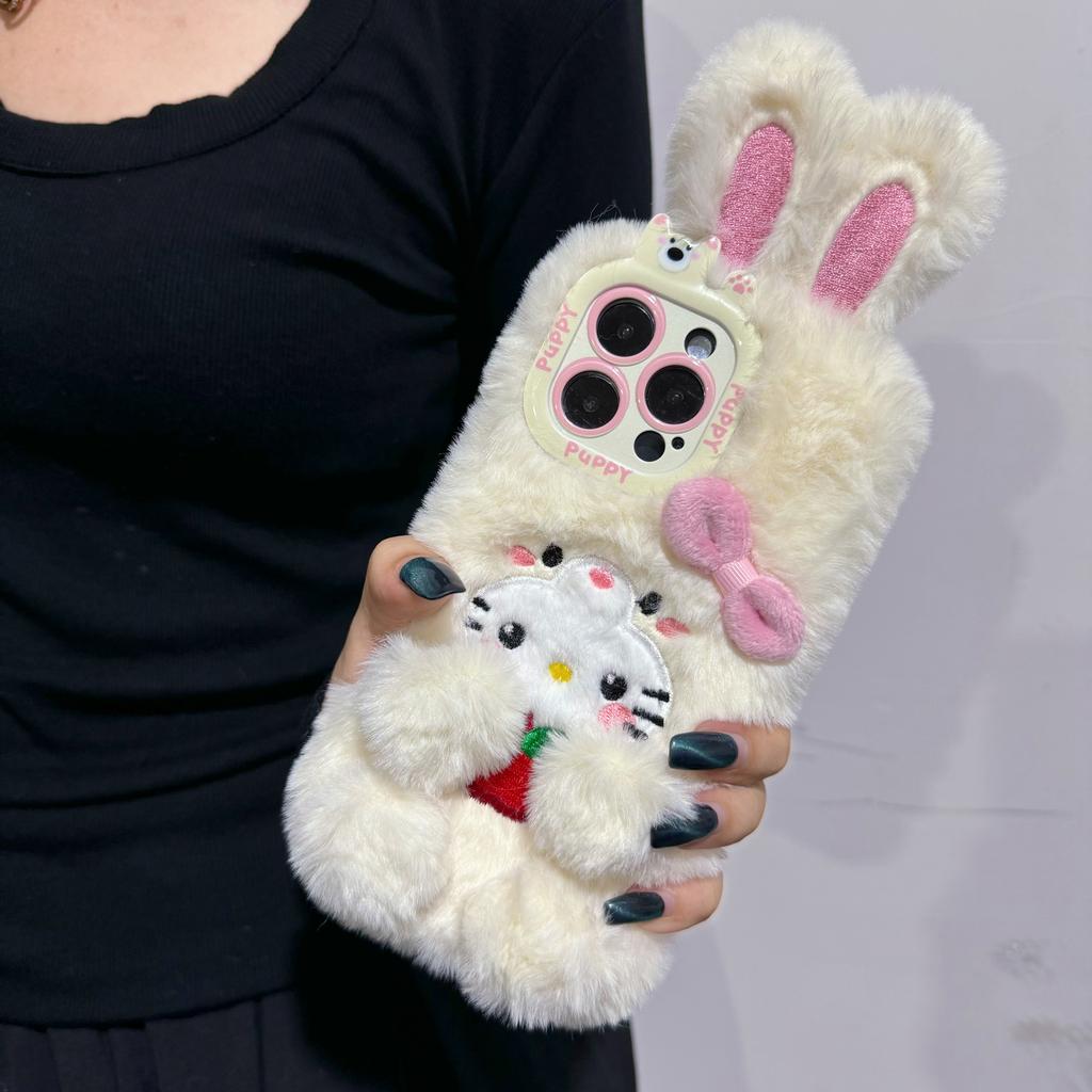 Cartoon Cute 3D Bow Plush Bunny Kawaii Phone Accessories for iPhone 16 Pro Max