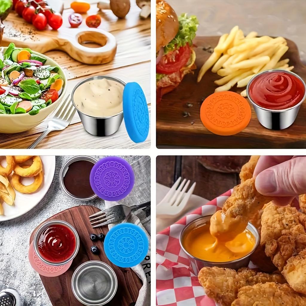 1pc Random Color Leakproof Stainless Steel Sauce Cups with Reusable Silicone Lids - Perfect for Salad Dressing, Bento Lunch Boxes, and Travel