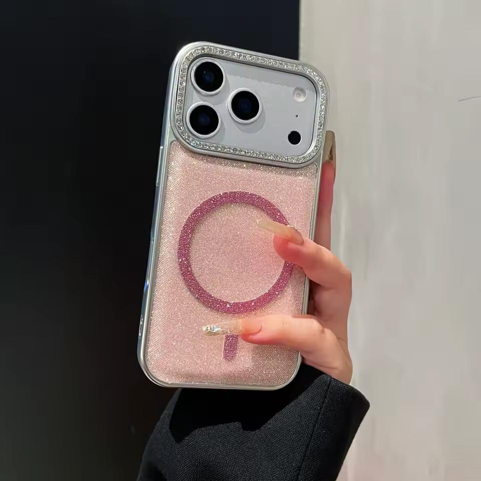 Роскошный блестящий чехол с магнитным глиттером и бриллиантами для iPhone 17 Air 16 15 14 13 12 11 Pro Max Plus для Magsafe, бампер с гальваническим покрытием