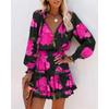 Women's Spring and Summer Long-sleeved V-neck Fashion Printing Waist Dresses
