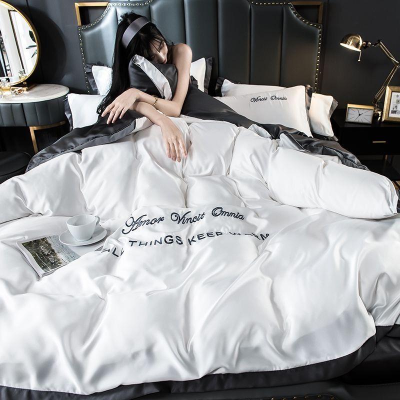 Пододеяльник с вышивкой, простыня, наволочка, двусторонний комплект из четырех предметов из ледяного шелка, постельное белье из стираного шелка