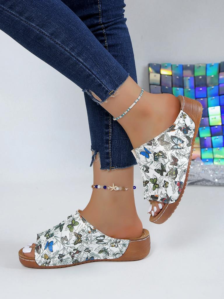 Модные женские тапочки, новые тапочки с покатым каблуком и узором «бабочка» в виде рыбьего рта, мягкая подошва, модные удобные сандалии с толстой подошвой