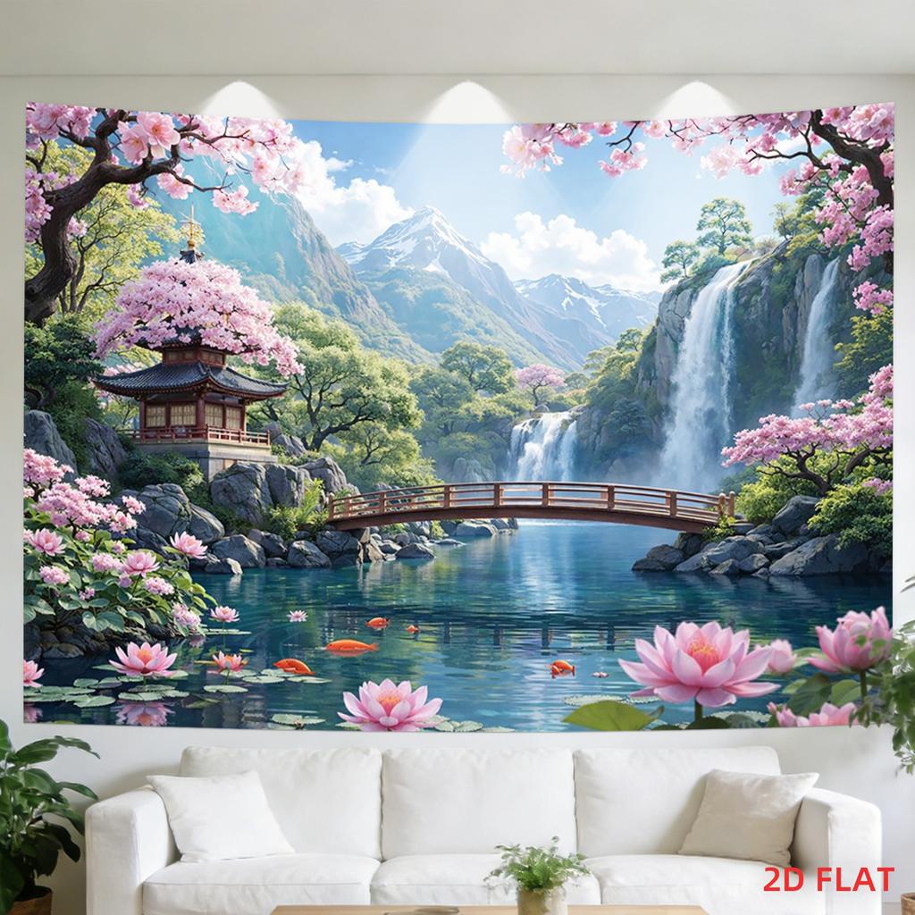 Large Printed Wall Tapestry Mural Spring Waterfall Landscape Pink Cherry Blossoms Lotus Flower Artwork Bohemian Home Decor for R