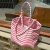 1Pcs Durable Large Capacity Canvas Shoulder Bag Striped Simple Top-Handle Handbag Travel Casual Striped Tote Bag