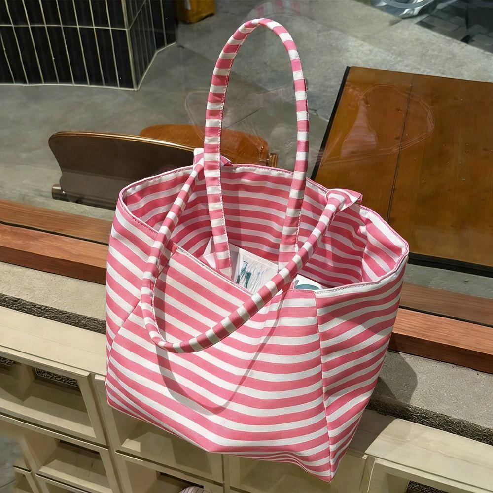 1Pcs Durable Large Capacity Canvas Shoulder Bag Striped Simple Top-Handle Handbag Travel Casual Striped Tote Bag