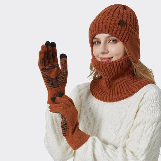 Yousheng 3 шт./компл. для мужчин и женщин зимняя шапка с флисовой подкладкой, шарф, перчатки, комплект защиты ушей, вязаная шапка с черепом, варежки с сенсорным экраном, комплект для утепления шеи