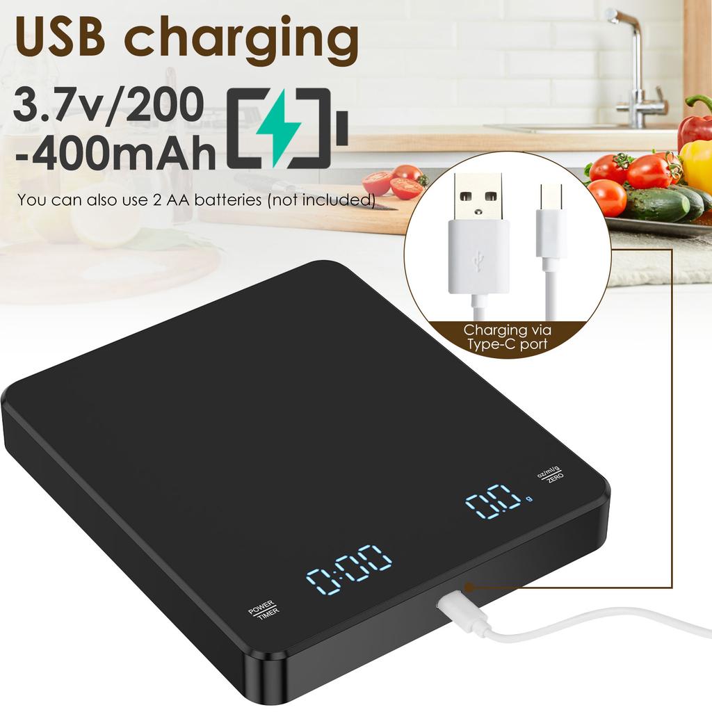 Digital Kitchen Scale with Timer 3kg/0.1g Espresso Coffee Making Mini Food Weight Scale High Precision Measures Rechargeable