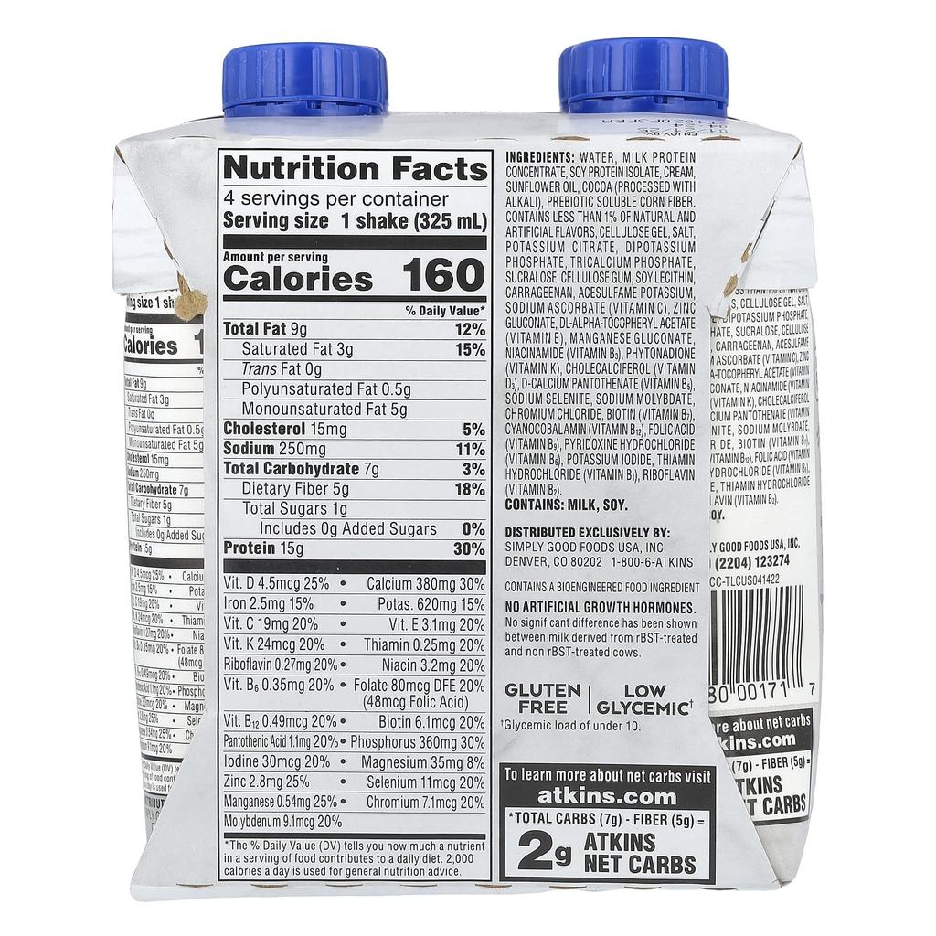 Atkins Protein Rich Shake, Chocolate Caramel Cream, 4 Shakes, 11 Fl Oz (325 Ml) Each
