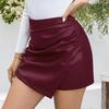Yousheng High-Waisted Mini Skort Solid Color Slimming Design Fake Skort Faux Leather Hip-Covered Skirt Daily Wear