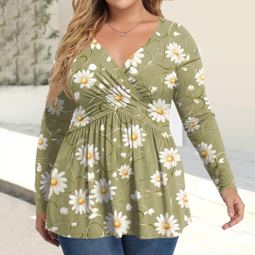 Women's Plus Size Shirt Long Sleeve Print Top Pleated Casual V-Neck Top