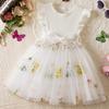 Мода для девочек Вышивка цветами Сетка Бант Милое Детское Платье Принцессы Пышные Платья